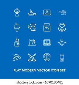 Modern, simple vector icon set on blue background with laptop, hot, boat, security, ship, video, spotlight, backdrop, balloon, computer, space, craft, notebook, internet, scene, protect, ufo icons