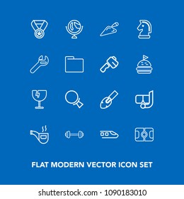 Modern, simple vector icon set on blue background with crash, horse, train, magnifying, mask, retro, travel, classic, search, snorkel, transportation, workout, equipment, tobacco, planet, sea icons