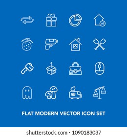 Modern, simple vector icon set on blue background with leather, click, replacement, present, style, axe, gift, mouse, ghost, fear, edible, van, fashion, device, satellite, nature, screwdriver icons