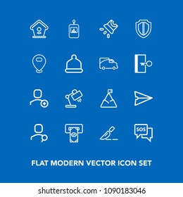 Modern, simple vector icon set on blue background with emergency, bird, atm, sos, projector, surgery, search, home, house, medical, delete, television, landscape, button, projection, table, lamp icons