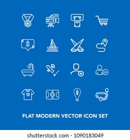 Modern, simple vector icon set on blue background with profile, success, snorkel, award, account, travel, soccer, water, plane, mask, delete, video, bathroom, print, typography, prize, flight icons
