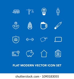 Modern, simple vector icon set on blue background with tag, money, protection, bank, price, electric, estate, currency, exercise, vehicle, protect, workout, speech, boy, bulb, anchor, sign, saw icons