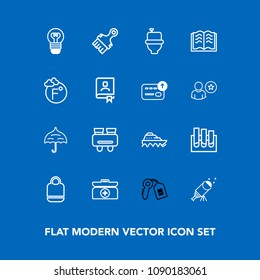 Modern, simple vector icon set on blue background with spy, open, box, lightbulb, object, astronomy, , boat, white, fashion, rain, cross, door, sea, vision, bag, emergency, medicine, medical, wc icons