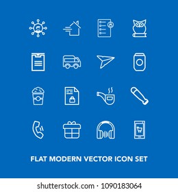 Modern, simple vector icon set on blue background with stereo, phone, cup, home, list, wood, vintage, telephone, holiday, sport, music, business, house, decoration, supermarket, technology, gift icons