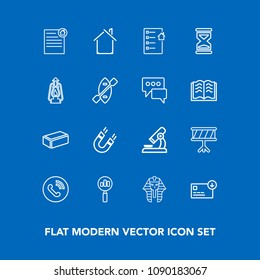 Modern, simple vector icon set on blue background with pole, research, document, finance, bag, sound, magnifying, find, science, musical, drum, architecture, instrument, field, construction icons