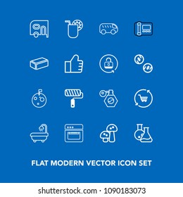 Modern, simple vector icon set on blue background with bus, bathroom, retail, nature, food, moon, mushroom, cart, oven, drink, delivery, van, flag, trolley, direction, interior, beauty, summer icons