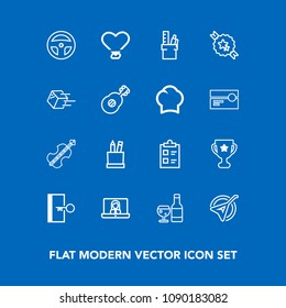 Modern, simple vector icon set on blue background with check, mark, wine, sign, exit, tick, winner, heart, door, pencil, love, medicine, red, video, equipment, technology, education, cello, tool icons