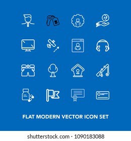 Modern, simple vector icon set on blue background with payment, reel, white, template, nature, nation, online, birdhouse, sign, key, vitamin, finance, competition, forest, national, account, rod icons