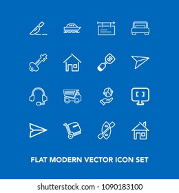 Modern, simple vector icon set on blue background with internet, estate, canoe, airport, web, message, baggage, surgery, technology, truck, headset, ocean, billboard, microphone, communication icons