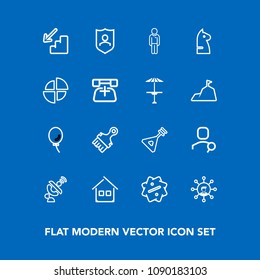 Modern, simple vector icon set on blue background with celebration, instrument, display, male, horse, game, air, building, man, white, upstairs, satellite, , computer, label, communication, home icons