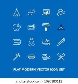 Modern, simple vector icon set on blue background with canoe, online, magician, adventure, aviation, magic, transport, bank, fun, boat, camp, lettuce, wand, helicopter, paddle, pen, laptop, food icons