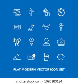 Modern, simple vector icon set on blue background with work, coin, transport, people, transportation, sound, white, ball, queen, operation, summer, sky, food, royal, hand, money, business, cash icons