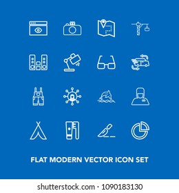 Modern, simple vector icon set on blue background with adventure, web, clothing, uniform, medical, window, care, chart, bellhop, wear, internet, business, doctor, travel, nature, tent, service icons
