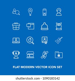 Modern, simple vector icon set on blue background with search, oar, music, award, file, folder, curtain, shop, video, achievement, book, business, water, communication, first, map, guitar, home icons