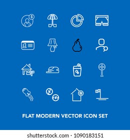 Modern, simple vector icon set on blue background with money, cash, property, business, technology, blue, finance, favorite, electric, pie, space, presentation, hat, craft, graph, juice, mexico icons