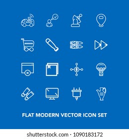 Modern, simple vector icon set on blue background with navigation, power, sign, display, online, vehicle, finance, dollar, search, monitor, extreme, jump, technology, parachuting, satellite, map icons