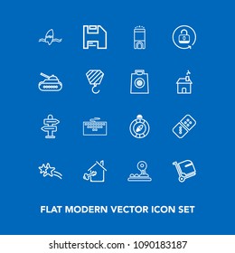 Modern, simple vector icon set on blue background with house, arrow, computer, diskette, unlock, lock, east, security, hotel, surf, technology, south, surfing, travel, falling, web, open, key icons