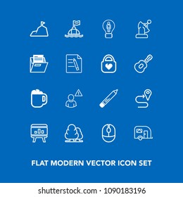 Modern, simple vector icon set on blue background with map, transportation, business, sea, coffee, environment, office, technology, vehicle, van, water, nature, idea, pencil, alarm, computer icons