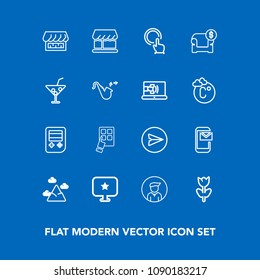 Modern, simple vector icon set on blue background with floral, boy, finger, message, sign, male, spring, sky, email, phone, cocktail, technology, landscape, furniture, mobile, curtain, computer icons
