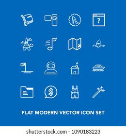 Modern, simple vector icon set on blue background with wand, frame, tripod, camera, travel, ocean, uniform, movie, beach, paper, video, cosmonaut, sea, folder, space, estate, blue, office, water icons