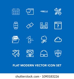 Modern, simple vector icon set on blue background with airplane, aircraft, folder, flight, beauty, protection, plane, internet, technology, fashion, red, ball, message, schedule, communication icons