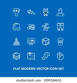 Modern, simple vector icon set on blue background with award, location, armchair, winner, water, pin, holiday, scale, information, yacht, star, drink, sea, coffee, meal, technology, falling, cup icons