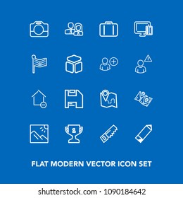 Modern, simple vector icon set on blue background with staff, road, pen, payment, shopping, team, worker, home, bag, house, card, travel, pencil, location, place, map, luggage, apartment, video icons