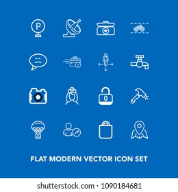 Modern, simple vector icon set on blue background with antenna, doctor, travel, shovel, care, car, box, photo, photographer, gift, technology, urban, web, business, nurse, satellite, parachuting icons