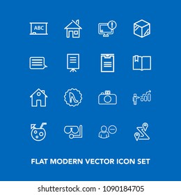 Modern, simple vector icon set on blue background with blackboard, route, delete, juice, personal, frame, location, property, progress, summer, estate, real, home, background, account, success icons