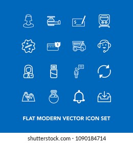 Modern, simple vector icon set on blue background with aviation, equipment, check, tool, alert, profile, helicopter, job, location, travel, sign, pin, transportation, sale, pay, person, train icons