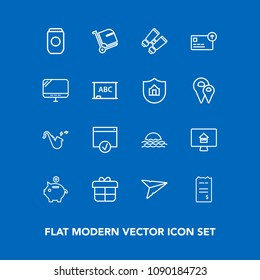 Modern, simple vector icon set on blue background with musical, house, message, property, coin, glasses, spy, sunrise, online, morning, email, luggage, page, metal, send, investment, sign, jazz icons