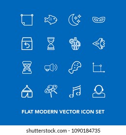 Modern, simple vector icon set on blue background with time, sea, snack, night, center, moon, support, service, music, chicken, timer, fast, spaceship, tent, geometry, meal, note, adventure, ufo icons