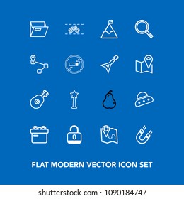 Modern, simple vector icon set on blue background with fruit, fresh, security, spaceship, ribbon, magnetic, unlock, holiday, technology, folder, pin, bike, travel, lock, white, science, bicycle icons