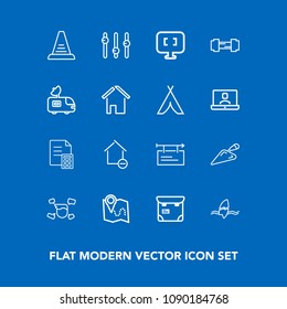 Modern, simple vector icon set on blue background with pc, people, equality, home, money, blank, sign, professional, tropical, phone, surfing, removal, surf, poster, construction, map, step, boy icons