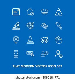 Modern, simple vector icon set on blue background with account, white, ladder, buy, fahrenheit, home, job, drink, step, chat, container, sport, message, online, cold, wallet, increase, tent, web icons