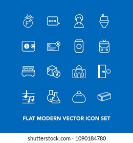 Modern, simple vector icon set on blue background with construction, leather, material, object, building, human, toilet, fahrenheit, door, bedroom, box, wc, music, message, bathroom, tower, note icons