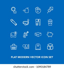 Modern, simple vector icon set on blue background with sale, coin, bank, diving, sofa, equipment, furniture, basket, square, money, couch, interior, character, home, cube, market, property, sea icons