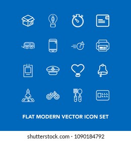 Modern, simple vector icon set on blue background with label, bell, cap, bike, heart, bank, box, time, spoon, package, launch, science, bicycle, safety, rocket, cycle, navy, fork, wallet, sailor icons
