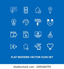 Modern, simple vector icon set on blue background with player, technology, internet, template, notebook, home, transportation, rewind, shopping, property, new, button, aircraft, transport, app,  icons