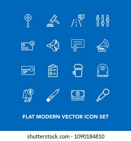 Modern, simple vector icon set on blue background with pen, coin, courthouse, cash, fan, electricity, pub, character, tape, air, alien, sound, tick, law, beer, checklist, justice, sign, drink icons