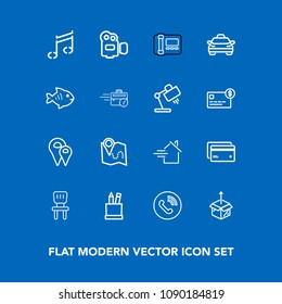 Modern, simple vector icon set on blue background with debit, ring, travel, call, plastic, house, film, box, note, equipment, location, pencil, stationery, package, technology, banking, sound icons