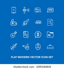 Modern, simple vector icon set on blue background with violoncello, mouse, coaxial, tag, military, computer, technology, tobacco, plane, pipe, subscription, classic, transport, folder, string icons