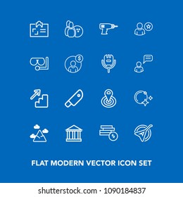 Modern, simple vector icon set on blue background with business, folk, equipment, greek, downstairs, meat, tourism, mountain, instrument, music, cash, game, musical, string, pin, sky, point, up icons