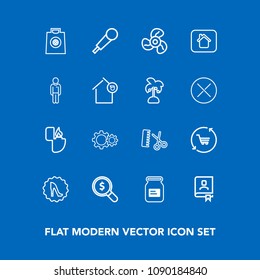 Modern, simple vector icon set on blue background with cigarette, fan, sale, retail, cart, cool, audio, can, lighter, electric, frame, shop, metal, home, sound, concept, object, hair, fire, find icons