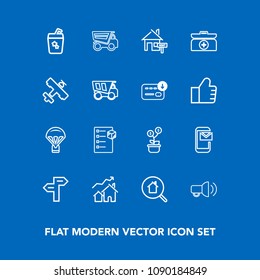 Modern, simple vector icon set on blue background with investment, dumper, truck, juice, money, home, real, extreme, estate, rent, communication, search, delivery, cargo, arrow, emergency, cross icons
