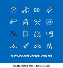 Modern, simple vector icon set on blue background with white, north, business, sign, cell, celebration, guitar, door, dollar, video, tripod, music, phone, rewind, south, communication, internet icons