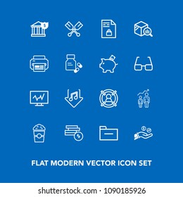 Modern, simple vector icon set on blue background with progress, customer, trend, banking, business, medical, technology, music, water, statistic, shop, coin, market, target, printer, diagnostic icons