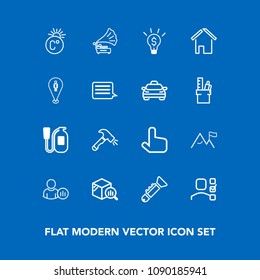 Modern, simple vector icon set on blue background with shovel, personal, gramophone, status, statistic, finance, pointer, construction, task, fahrenheit, report, office, fire, emergency, social icons