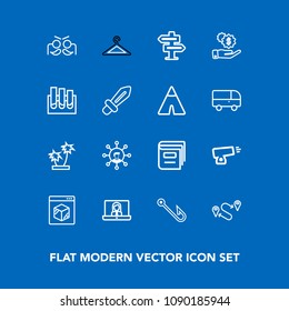 Modern, simple vector icon set on blue background with point, weapon, internet, shipping, online, hanger, door, clothes, military, rod, palm, celebration, display, tree, clothing, technology icons