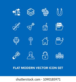 Modern, simple vector icon set on blue background with cooler, distribution, war, home, flight, tool, kettle, estate, kitchen, protection, building, internet, ventilator, hot, storage, uniform icons